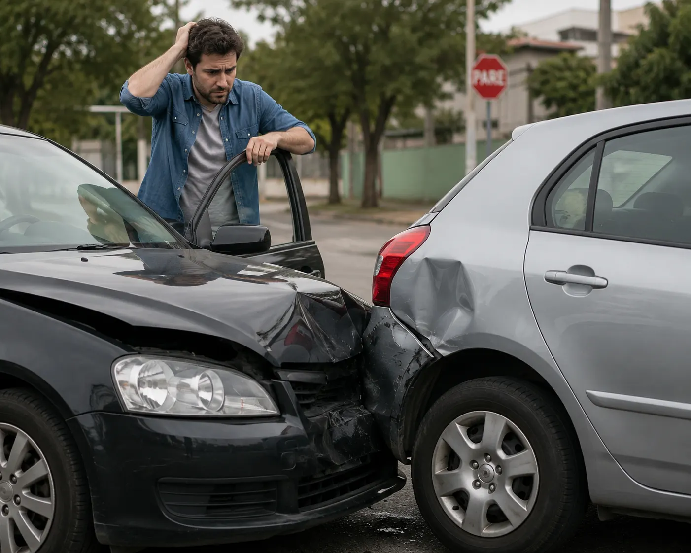Colisão entre dois carros, motorista preocupado avaliando os danos